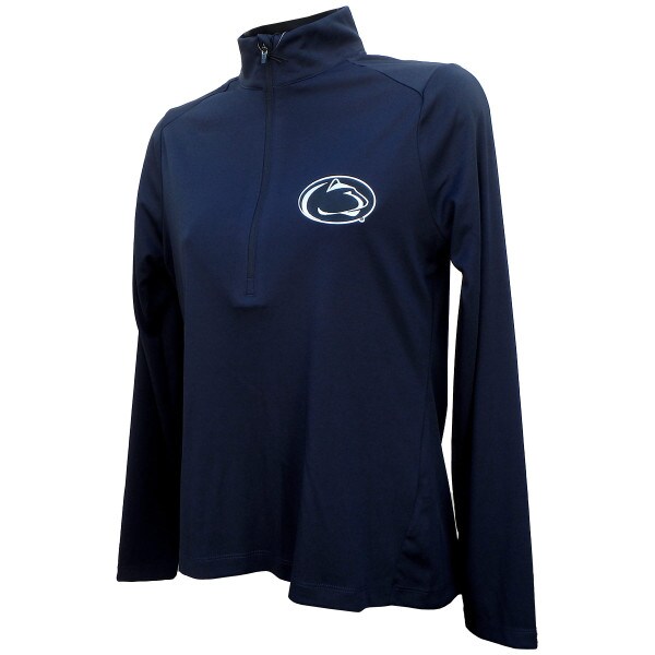 women's navy long sleeve 1/2 zip pullover with Penn State Athletic Logo on left chest